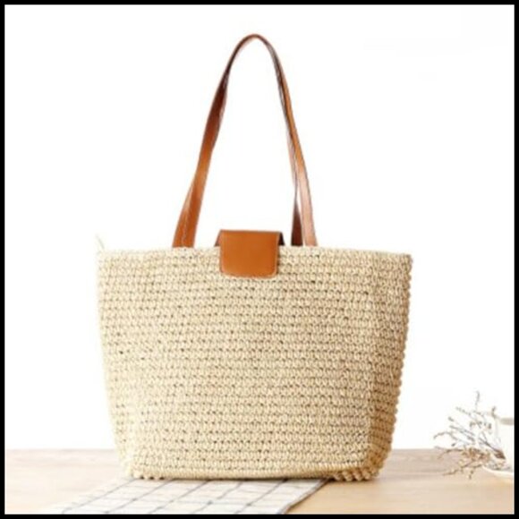 Hand-Woven Straw Tote Shoulder Bag Large Beach Purse Minimal Boho Vacation - Picture 3 of 7